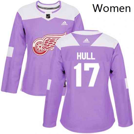 Womens Adidas Detroit Red Wings 17 Brett Hull Authentic Purple Fights Cancer Practice NHL Jersey